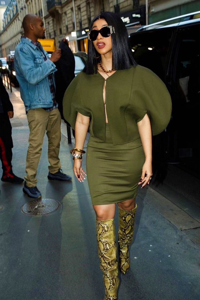 bardiing's tweet photo. Cardi B spotted in Aliétte Spring ‘20 paired with YSL knee high boots, during Paris Fashion Week 2019. https://t.co/j9WCBDOxH2