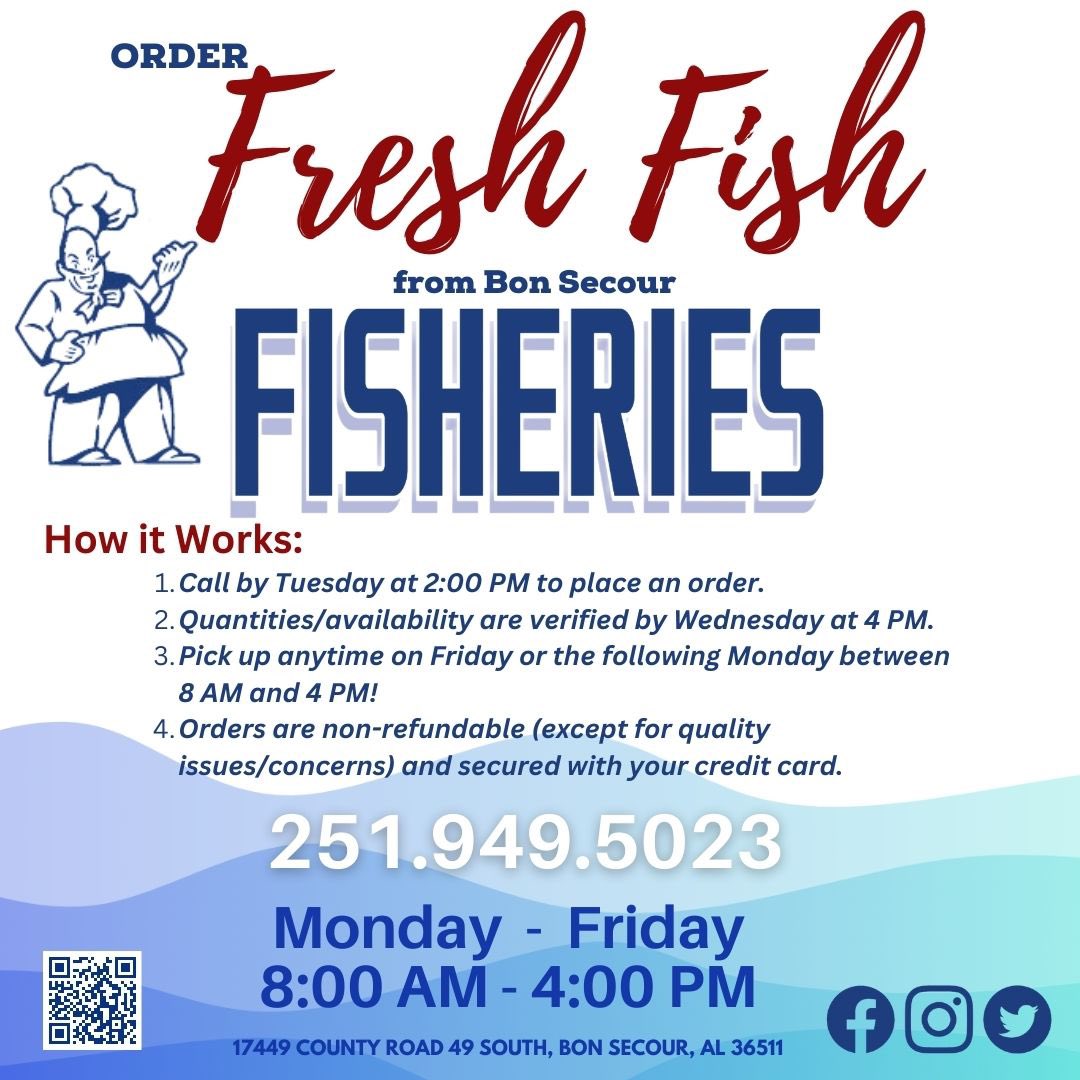 Place your order for fresh fish, by 2:00 PM today!! Call 251.949.5023

#freshfish #freshfromthegulftoyou #bonsecourseafood #gulfseafood #freshcatch #seafood #alabamagulfseafood #gulfofmexico #bestseafood #whatshappeningingulfshores #buyseafood #freshneverfrozen