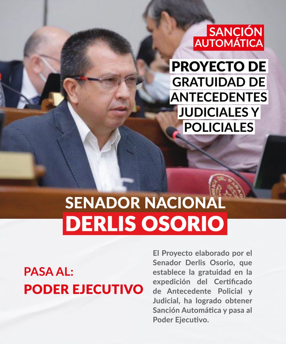OsorioDerlis's tweet photo. Mi proyecto, que establece la Gratuidad de Antecedentes Judiciales y Policiales, ha obtenido Sanción Automática y pasa al Poder Ejecutivo.

Estamos convencidos de que los certificados deben ser gratuitos para todas las personas. Esperamos que muy pronto se convierta en Ley. https://t.co/K9EkPRwTGy