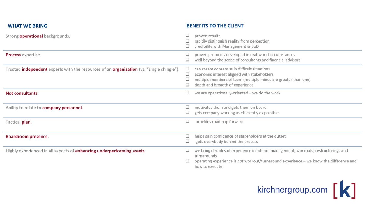 Our team at Kirchner Group brings decades of experience in interim management, workouts, restructurings, and turnarounds. 

For more on what we bring, visit kirchnergroup.com