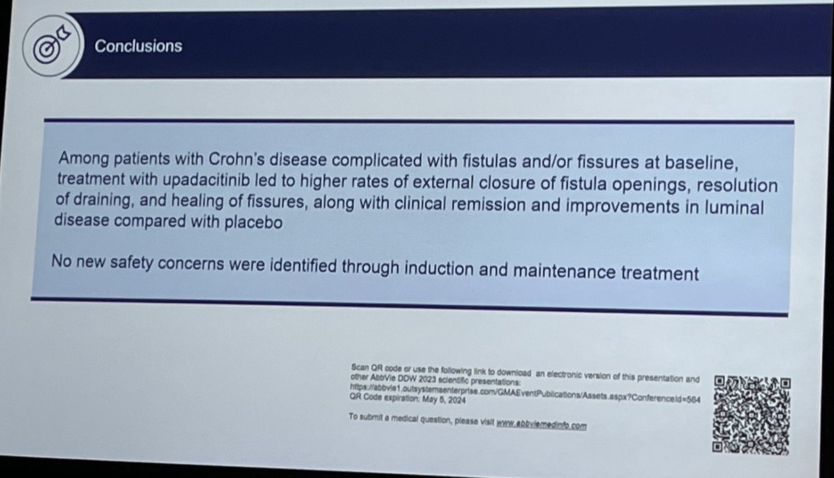 Miguel Regueiro (@mregueiromd) on Twitter photo <a href="/JeanFredericCo1/">Jean-Frederic Colombel</a> #DDW2023 Upadicitinib effective at healing anal fissures and anal fistula in Crohns ds. More data needed but another “tool” for treating anal Crohn’s disease. <a href="/JeanFredericCo1/">Jean-Frederic Colombel</a> #DDW2023 Upadicitinib effective at healing anal fissures and anal fistula in Crohns ds. More data needed but another “tool” for treating anal Crohn’s disease.