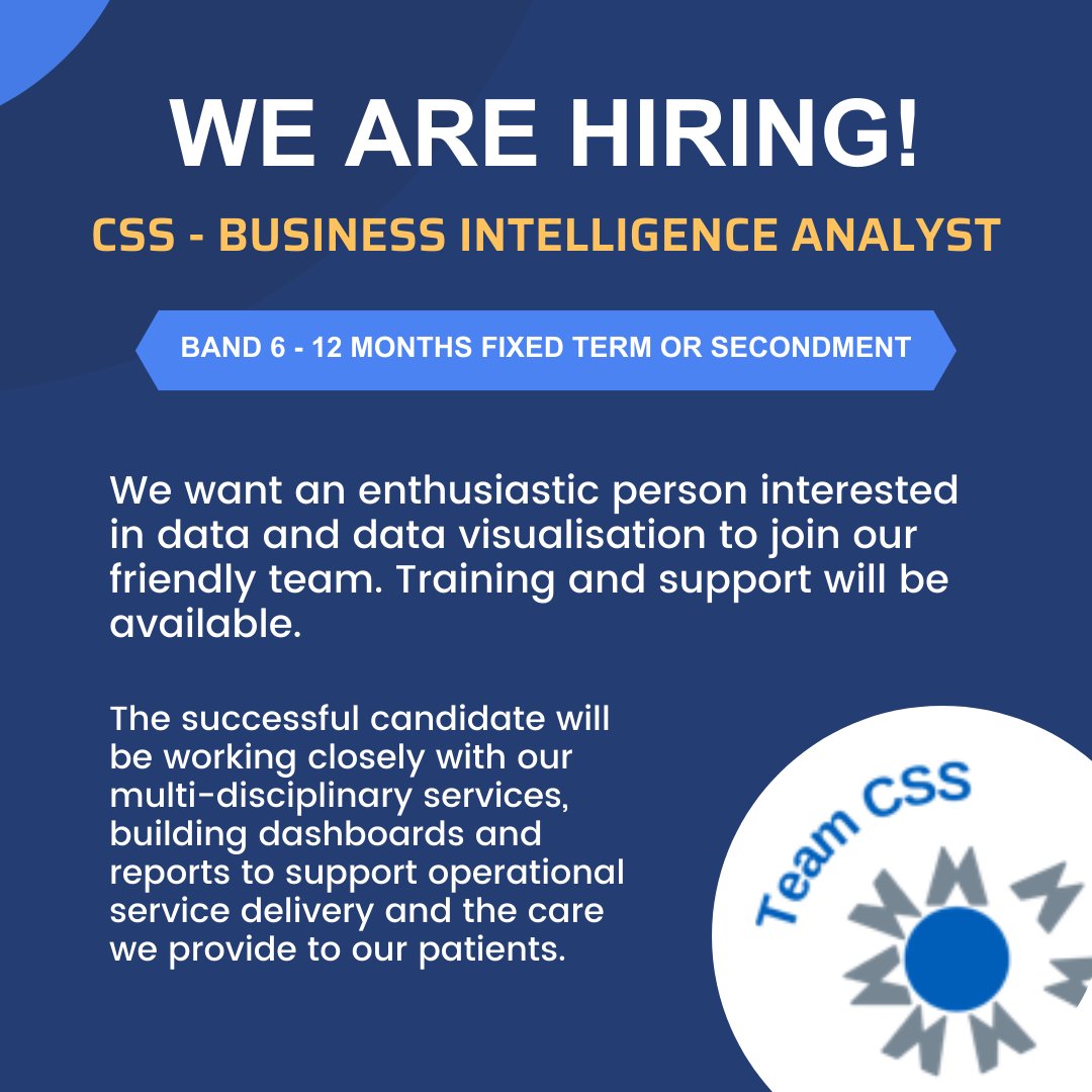 A new and exciting opportunity has arisen for a motivated individual to join Clinical and Scientific Services (CSS) as a Business Intelligence Analyst. 

mft.nhs.uk/careers/search…