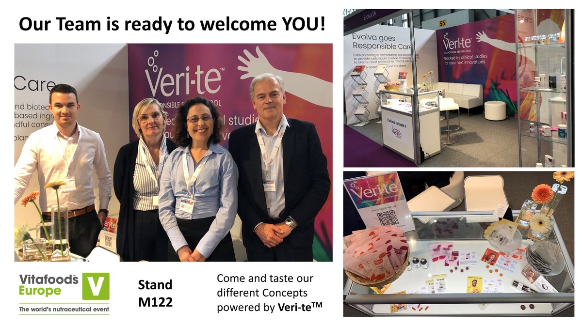 Veri_te's tweet photo. Are you ready?
Our team is ready to welcome YOU!

Visit us at #Vitafoods stand M122 and try out our various concepts powered by Veri-te(TM).

#Veriteresveratrol #Evolva #sustainability #responsibleresveratrol #healthyingredients #fermentation https://t.co/FB1XUoq5SO