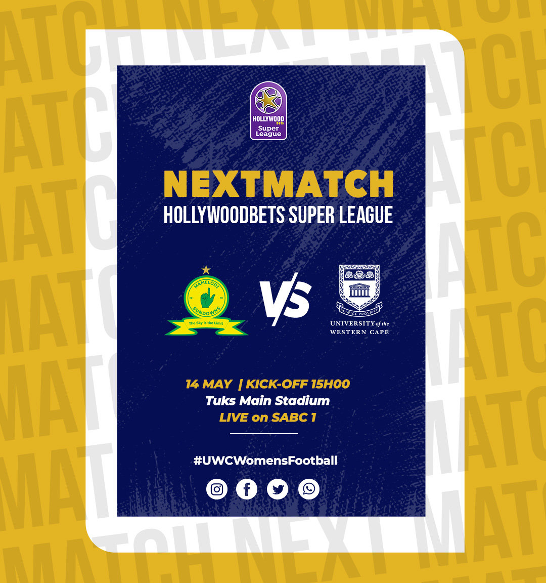 UWCFootball's tweet photo. NEXT MATCH!⚽️

A much-anticipated meeting with the yellow nation next!🙌

📺Catch all the live action on @Official_SABC1 at 3pm.

#UWCWomensFootball https://t.co/DnRpTD06n5