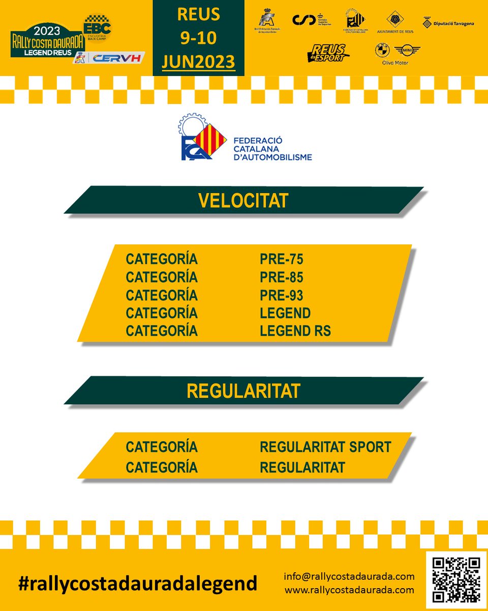 🔊CATEGORIAS // CATEGORIES
<a href="/RallyCDLegend/">Rally Costa Daurada Legend</a>

INSCRIPCIONES ABIERTAS
INSCRIPCIONS OBERTES
➕️Info
rallycostadaurada.com

🔜 #rallycostadauradalegend
 📅 9-10 Junio
📍#Reus
<a href="/reus_cat/">Ajuntament de Reus</a> <a href="/ReusEsport/">Reus Esport</a>
 @rfedea @CERVH1 <a href="/FCAutomobilisme/">F.C. AUTOMOBILISME</a> <a href="/GrupOlivaMotor/">Grup Oliva Motor</a>
 #velocidad #Legend #regularidad