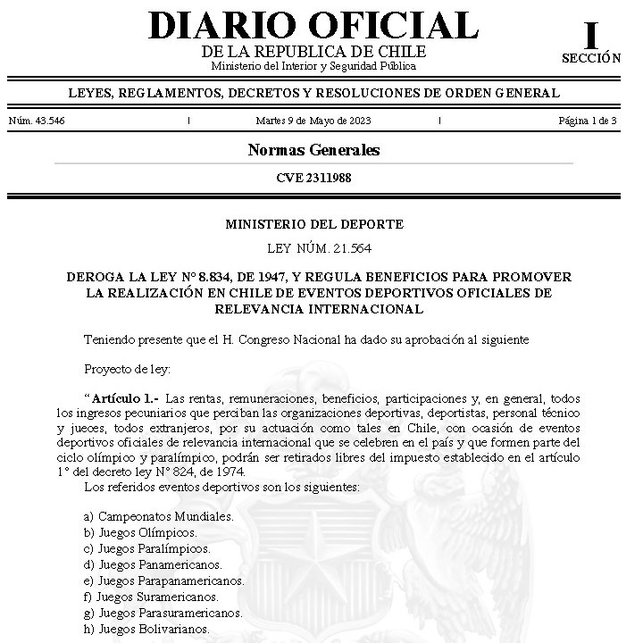 ¡Ya es realidad! ✍️ Se publicó en el Diario Oficial la "Ley Panamericana", que regula beneficios tributarios en pos de impulsar la realización de grandes eventos deportivos en Chile comenzando por @Santiago2023 🙌

Puedes revisar la nueva ley aquí 👇
diariooficial.interior.gob.cl/publicaciones/…