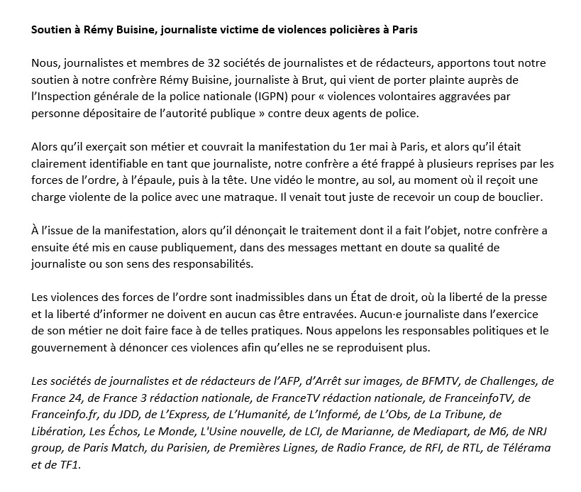 Plus de 30 SDJ/SDR dont la <a href="/SDJradiofrance/">SDJ Radio France</a> apportent leur soutien à <a href="/RemyBuisine/">Remy Buisine</a> journaliste et victime de violences policières lors de la manif du 1er mai à Paris. Dans un texte collectif, nous appelons au respect de la liberté de la presse et de la liberté d’informer.