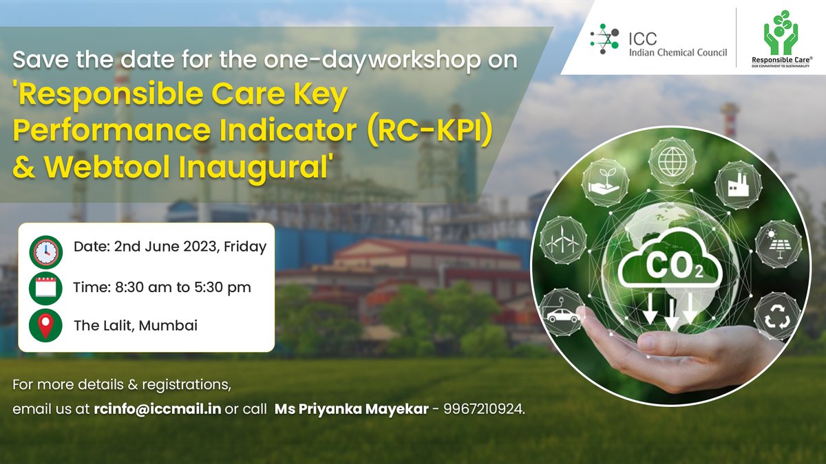 Announcing the most-awaited 'Responsible Care Key Performance Indicator (RC –KPI) Workshop & Web tool Inaugural'. 
Date: 2nd June 2023 
Place: The Lalit, Mumbai 
#workshop #indianchemicalcouncil #webtool #responsiblecare #sustainability #chemicalindustry #healthsafety #co2