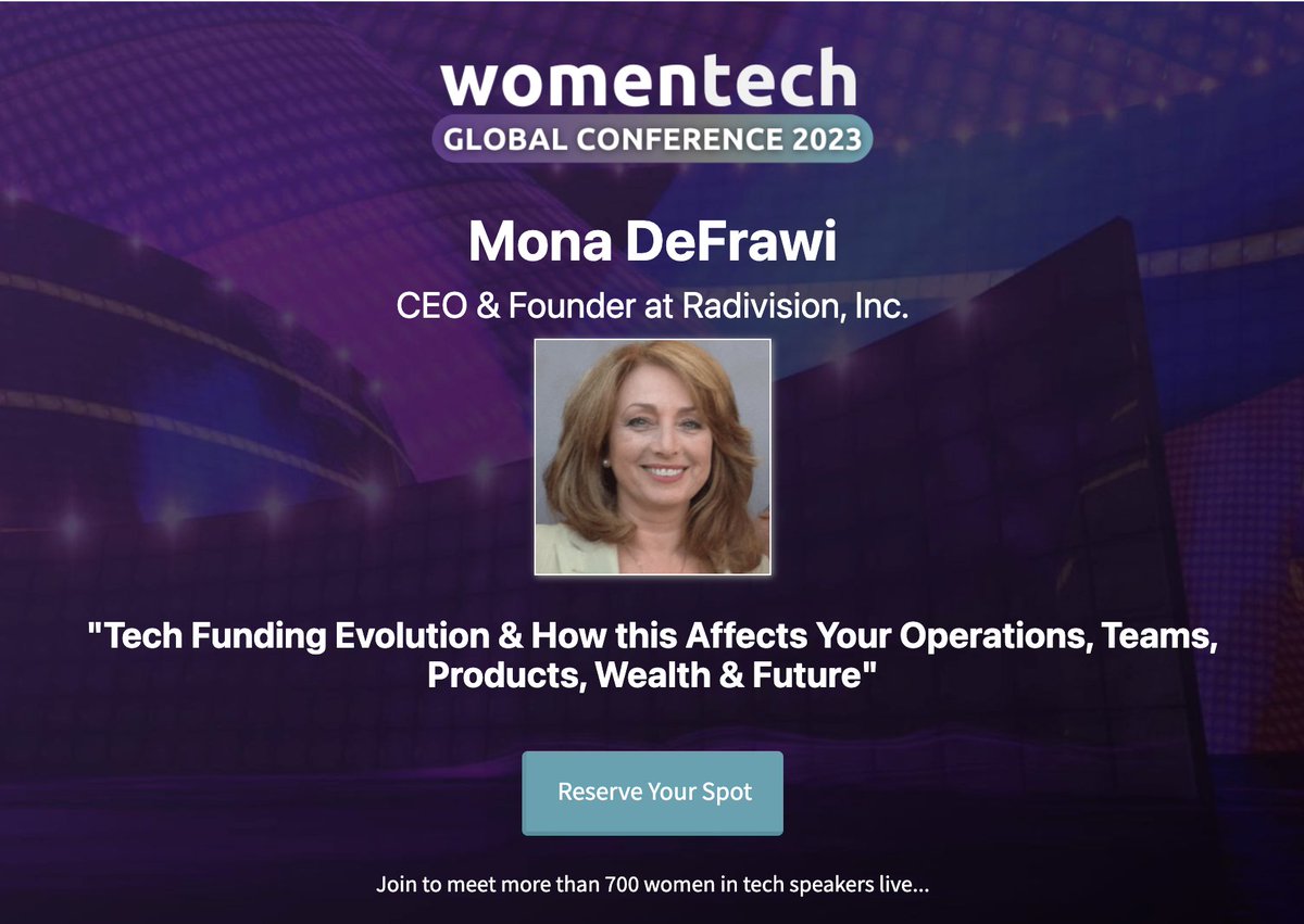 MonaDeFrawi's tweet image. Join me at 10:20 am PT today to learn about the Tech Funding Evolution and How it Affects Your Operations Teams, Products, Wealth &amp;amp; Future at the WomenTech Global Conference. 
Thank you @annaradulovski &amp;amp;  @WomenTechNet  for empowering and inspiring women in tech!
#WTGC2023