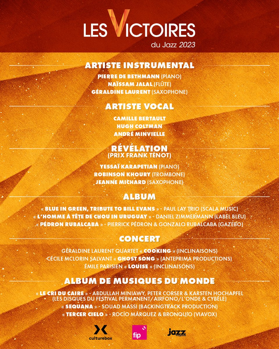 VictoiresduJazz's tweet photo. ✨🎼 Voici les nommés des Victoires du Jazz 2023 ! Rendez-vous début juillet sur @ftvculturebox pour découvrir les lauréats avec @fipradio et #JazzMagazine ! #VictoiresJazz2023 https://t.co/UjGBiG5HhD