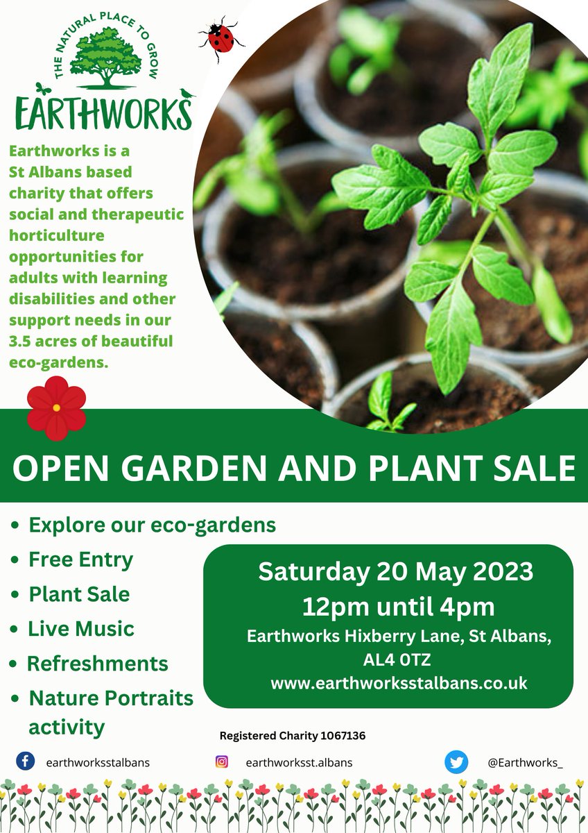 We're delighted to be holding our first open garden since 2019 and we'd love you to join us! Saturday 20 May 12-4pm at our Hixberry Lane site #EarthworksStalbans #opengarden #localcharity
