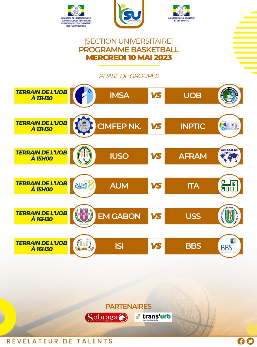 csu_gabon's tweet photo. Très beau programme en perspective pour les deuxièmes journées en #football masculin et #basket ce mercredi 10 mai.

@SportGOUVGA 
@gegepog 

#Gabon #Sport #Jeunesse #Detection #Éducation https://t.co/nvAjy5UJHy