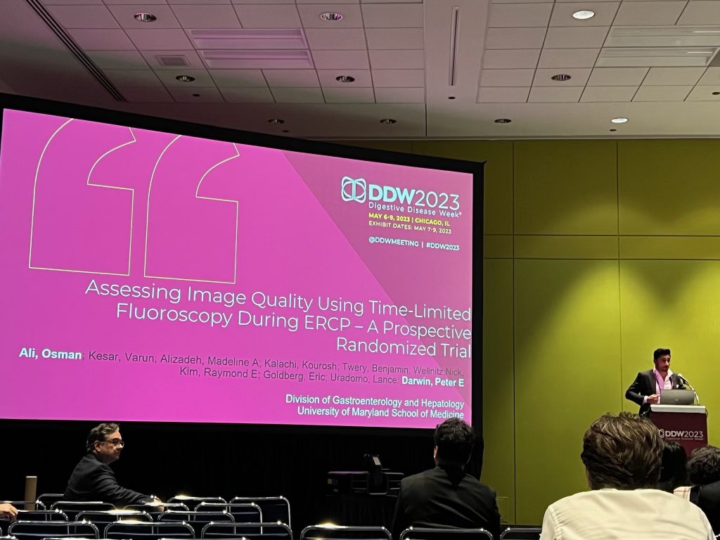 Happening now! @Osman_AliMD, our T-32 GI fellow (and future advanced endoscopist), presenting his prospective randomized trial assessing image quality using time-limited fluoroscopy during ERCP @ASGEendoscopy @DDWMeeting @AmerGastroAssn