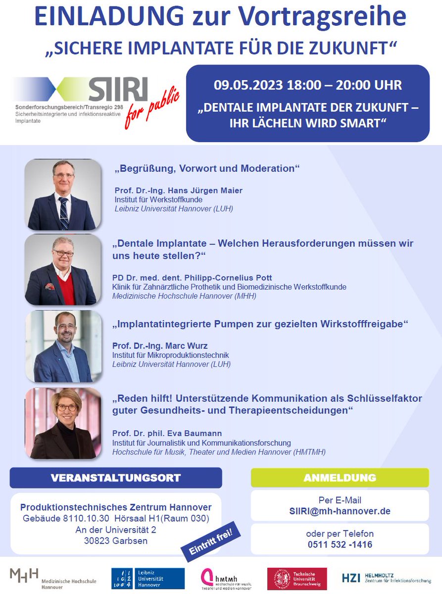 Hanover Center for Health Communication (@hc_quadrat) on Twitter photo 📢🔬💻🦷Heute findet im Rahmen des <a href="/CRC_SIIRI/">CRC/TRR 298 SIIRI</a> die Veranstaltung "Dentale Implantate der Zukunft – Ihr Lächeln wird smart" statt. U. a. spricht @evabaumann über die Bedeutung unterstützender Kommunikation für Gesundheits- und Therapieentscheidungen. Eintritt frei! #SIIRI 📢🔬💻🦷Heute findet im Rahmen des <a href="/CRC_SIIRI/">CRC/TRR 298 SIIRI</a> die Veranstaltung "Dentale Implantate der Zukunft – Ihr Lächeln wird smart" statt. U. a. spricht @evabaumann über die Bedeutung unterstützender Kommunikation für Gesundheits- und Therapieentscheidungen. Eintritt frei! #SIIRI