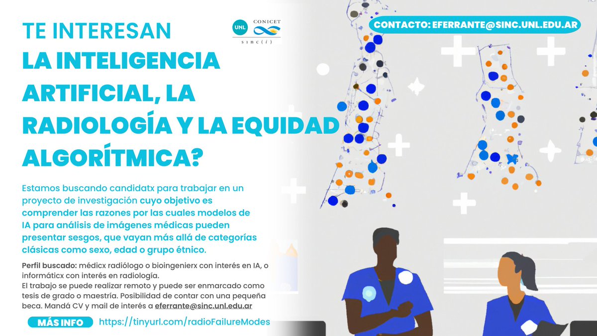 Estamos buscando candidatxs para trabajar en un proyecto que involucra IA, radiología y equidad algorítmica (fairness!)  Si venís del mundo de la radiología y te interesa la IA, o visceversa, y te copa el proyecto, escribime!  

Más info: tinyurl.com/radioFailureMo…

Se agradece RT!