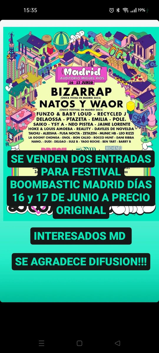 AtomicHernandez's tweet photo. Se venden dos entradas para el festival "BOOMBASTIC" en Madrid par los días 16 y 17 de junio.

Precio original de venta.

Interesados contesten o MD

SE AGRADECE DIFUSION!!!
#BOOMBASTIC https://t.co/OcfDUYsvPb