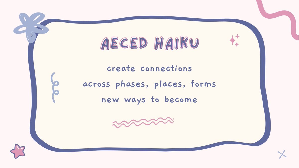 AECED_project's tweet photo. This #haiku was created by one of the UK Team members, @karensmith_HE, for our kickoff meeting in April. On reflection, we'd prefer it to end with 'new ways of becoming' (but that uses more syllables...).
Have you tried expressing something using #haiku ?
#AestheticLearning https://t.co/sgq1NKuxTx