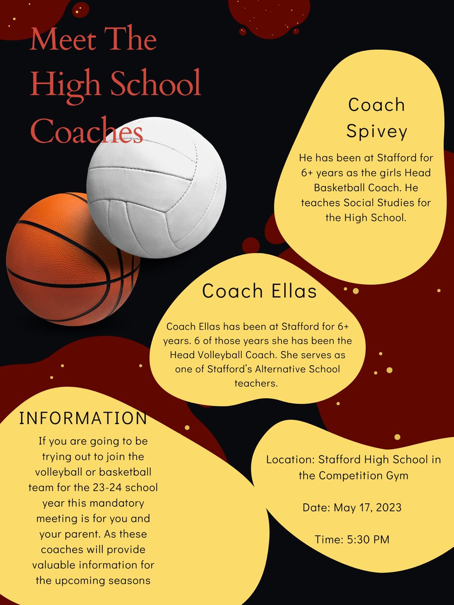 Stafford High School Volleyball (@high_stafford) on Twitter photo Interested in playing volleyball or basketball for the 2023-2024 season. Join Coach Ellas and Coach Spivey for a mandatory informational meeting for incoming Freshmen through current 11th graders <a href="/SMSDHigh/">Stafford High School</a> <a href="/SMSDMiddle/">SMSDMiddle</a> <a href="/Stafford_Sports/">Stafford MSD Athletics</a> <a href="/StaffordMSD/">Stafford MSD</a> Interested in playing volleyball or basketball for the 2023-2024 season. Join Coach Ellas and Coach Spivey for a mandatory informational meeting for incoming Freshmen through current 11th graders <a href="/SMSDHigh/">Stafford High School</a> <a href="/SMSDMiddle/">SMSDMiddle</a> <a href="/Stafford_Sports/">Stafford MSD Athletics</a> <a href="/StaffordMSD/">Stafford MSD</a>