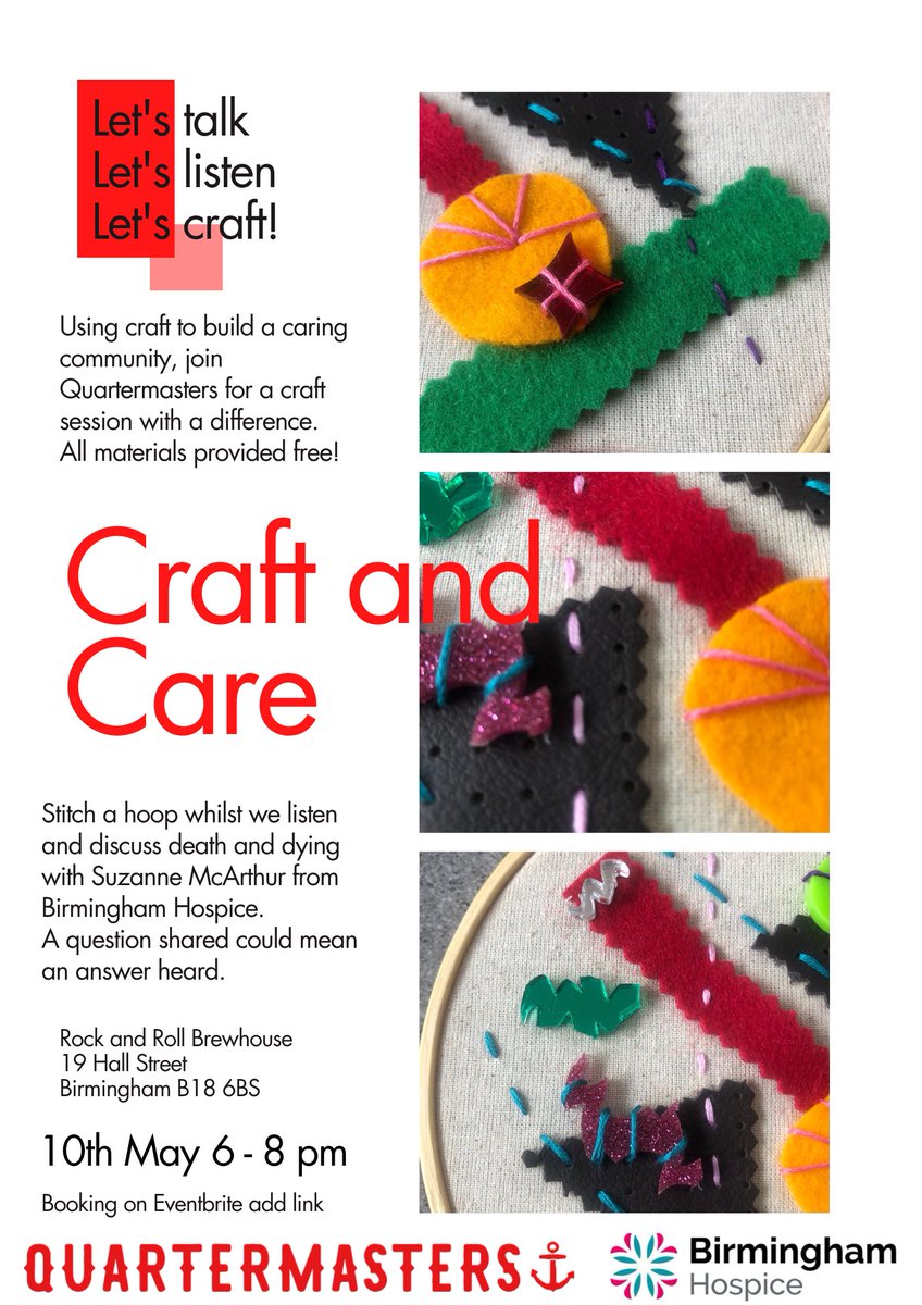 BrumYODO's tweet photo. Let's talk, let's listen, let's craft. Join Quartermasters @RocknRollBrew tomorrow to stitch a hoop while discussing death and dying with @mcarthursuzanne from @brumshospice Free but please book to secure your place: https://t.co/VYfcCMVVAf #lifedeathbrum https://t.co/a2uJpWP6vn
