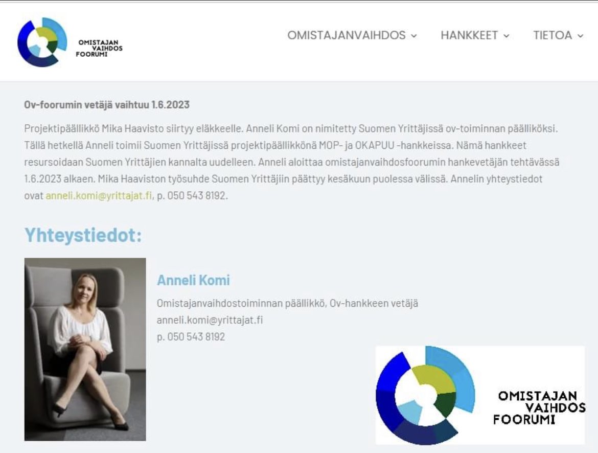Iloisia uutisia! Minut on valittu Omistajanvaihdosfoorumin uudeksi vetäjäksi. Kiitos luottamuksesta <a href="/suomenyrittajat/">Suomen Yrittäjät</a> sekä kaikki Omistajanvaihdosfoorumin jäsenorganisaatiot. Otan tehtävän ilolla ja tarmolla vastaan. :-)

ov-foorumi.fi

#omistajanvaihdos #ovfoorumi
