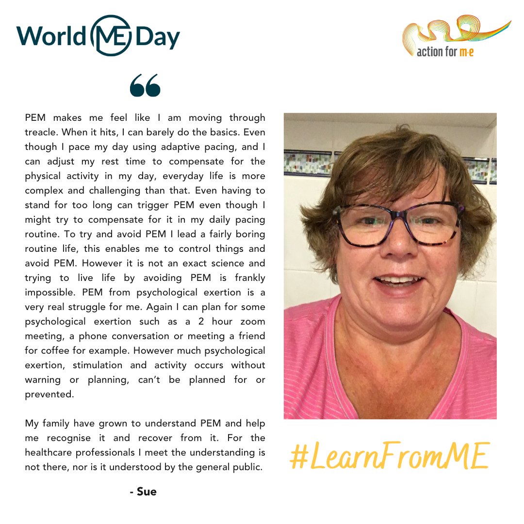 actionforme's tweet photo. Post-exertional malaise (PEM) is the hallmark symptom of #MECFS, and is experienced by roughly half of those with #LongCovid, but what is it?

The disease where pushing harder can make you sicker.

Sue, a trustee at Action for M.E., shared her personal experience of PEM. https://t.co/9pfe70CV51