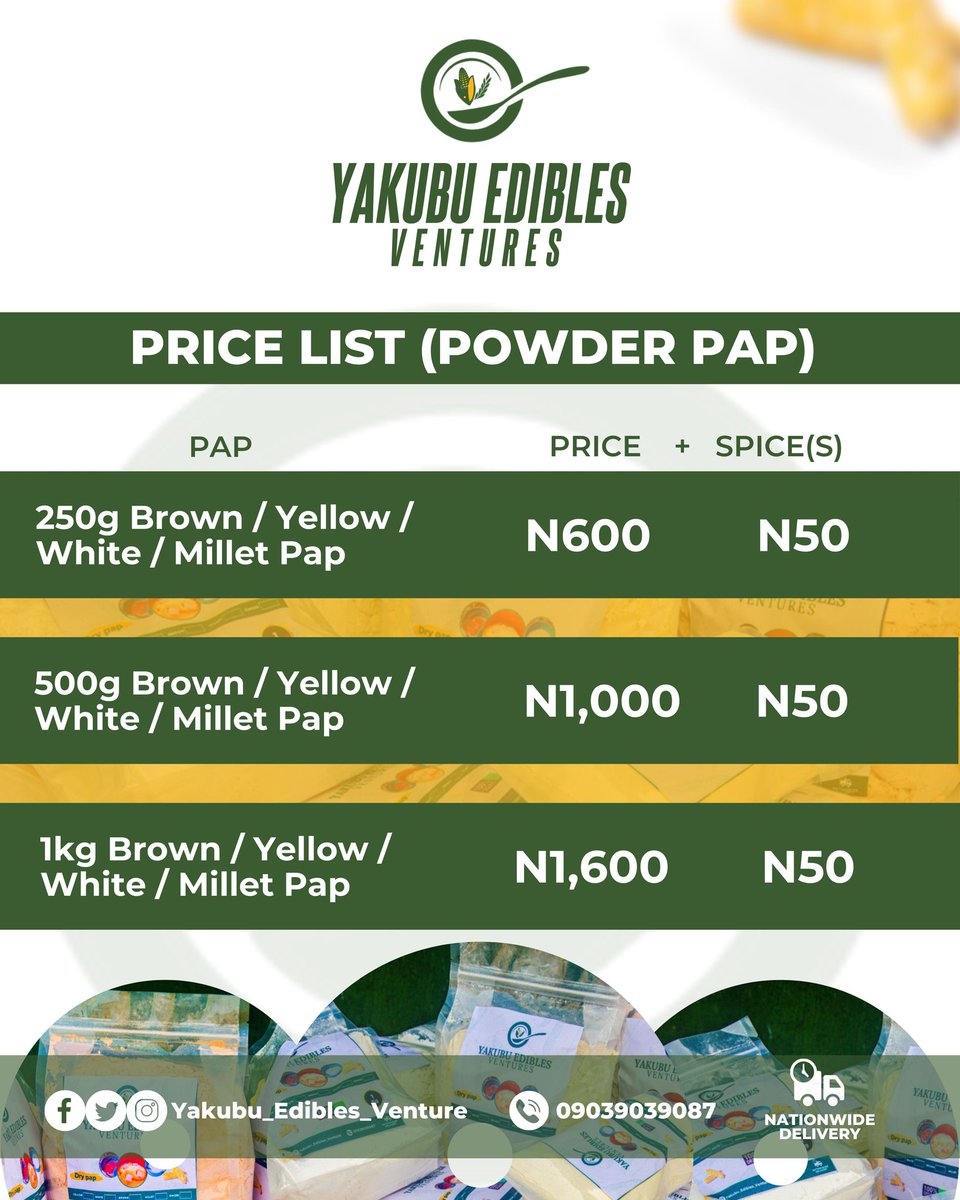 YEVologi's tweet photo. @davido @AAdeleke_01 My Name is Yakubu Jimoh, I live in Ado Ekiti.

This is my business and this is what I use to pay my bills.

I'm into production of powdered Pap(Ogi,Akamu)

I produce different varieties of Pap;
White
Brown 
Yellow, 
We also add Ginger, Clove.
Please RT &amp; Patronize.

09039039087 https://t.co/fjFfxBD4gq