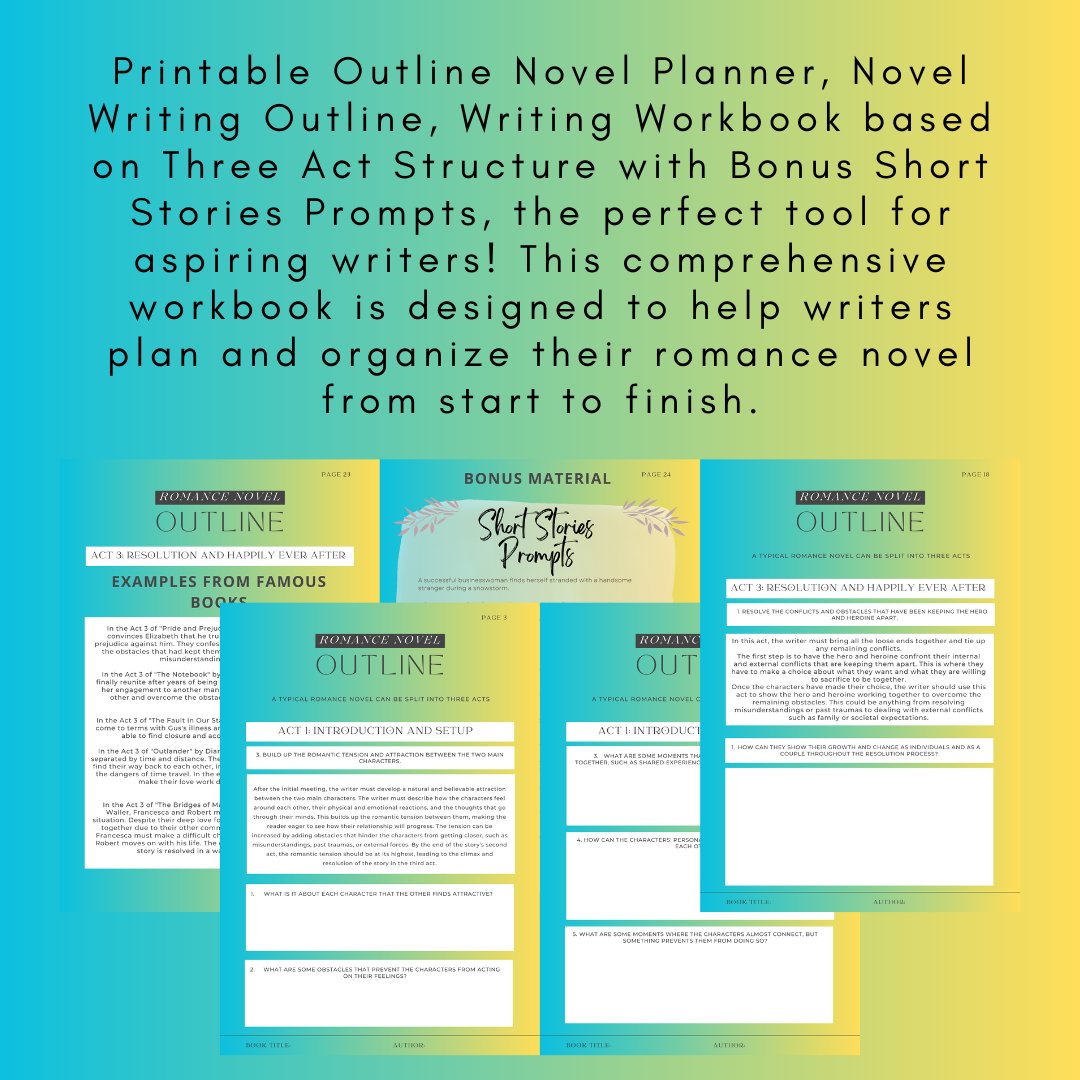 Madhuri0302's tweet image. Ready to bring your romantic story to life? 📝💕
This Printable Romance Novel Outline Planner | Novel Writing Outline | Writing Workbook based on Three Act Structure has got you covered! 🌟
instamojo.com/madhuritamse/p…
#romancenovel #writingplanner #threeactstructure #creativewriting