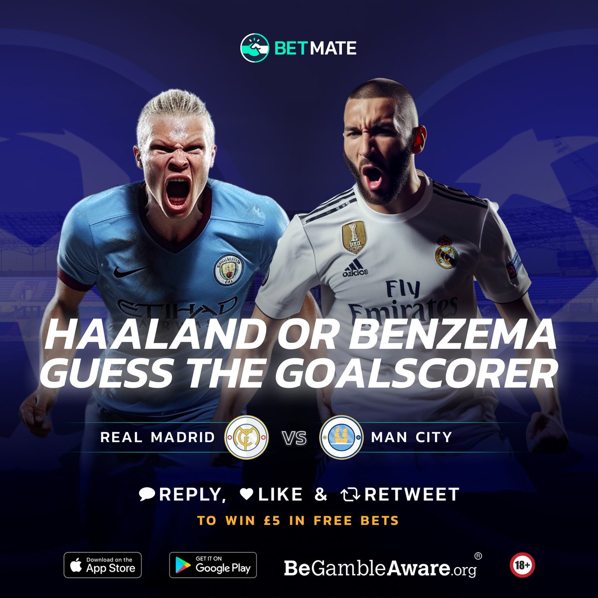 𝗙𝗥𝗘𝗘𝗕𝗘𝗧 𝗚𝗜𝗩𝗘𝗔𝗪𝗔𝗬 🎁

⚪️ REAL MADRID vs MAN CITY 🏆

GUESS THE GOALSCORER in tonight's game to WIN FREEBETS 🙌

1️⃣ ❤️
2️⃣ RT♻️
3️⃣ Reply your guess (i.e. Benzema)

2x £5 BETS up for grabs

*MUST FOLLOW US #RMAMCI