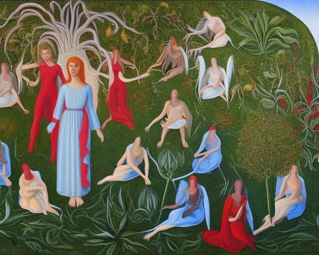 AlberichChilion's tweet photo. "And all the others together with them took unto themselves wives...to defile themselves with them, and they taught them charms and enchantments, and the cutting of roots, and made them acquainted with plants." - Enoch 7:1 Pt. 2 #Aiart #AiArtwork #Enoch #wives #charms #plants https://t.co/lPFld5NoeL