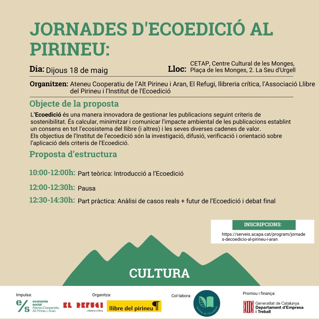 ElRefugiCoop's tweet photo. [18MAIG•10h]
Organitzem, juntament amb @LlibrePirineu i l'@AteneuCoop_APA , les jornades d'ecoedició al #Pirineu.
Comptarem amb la presència de l'@ecoedicio_cat per tractar com gestionar les publicacions seguint criteris de sostenibilitat.
📍 @cetapalturgell 
Us hi esperem!📚🗻 https://t.co/beFWLJ8b9j