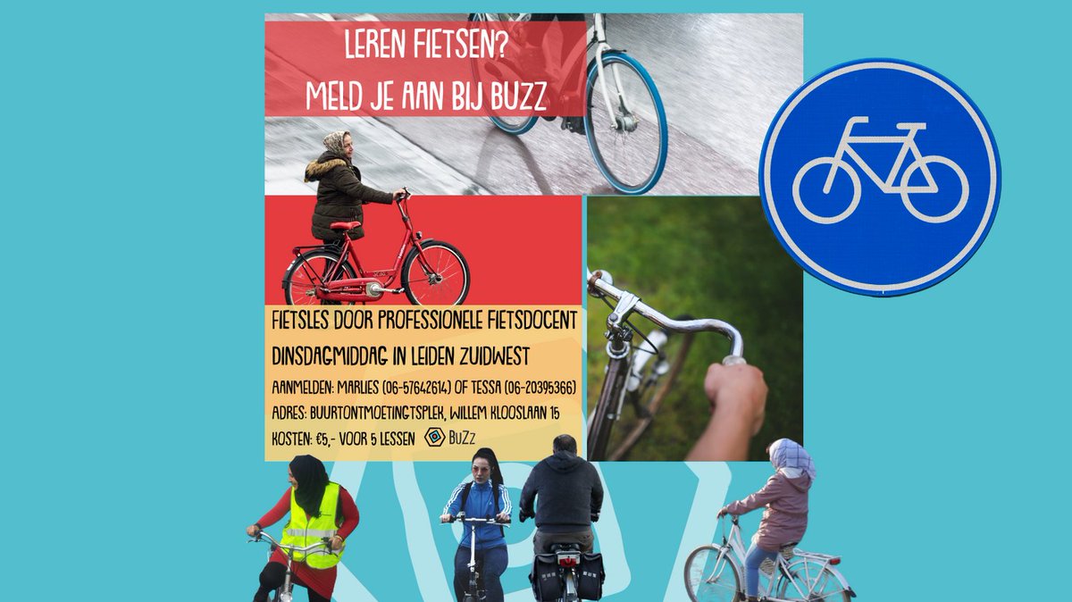 BuZz vindt het belangrijk dat mensen kunnen fietsen. Het zorgt voor zelfredzaamheid en vrijheid. Daarom start BuZz op 23 mei met een nieuwe reeks fietslessen. Dit keer in Leiden Zuidwest. 
Aanmelden kan bij Marlies (06-57642614) of Tessa (06-20395366).