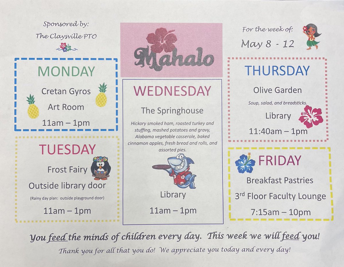 Our Claysville PTO is AMAZING!!!! Thank you for planning all of the Staff Appreciation Lunches and Treats this week. We Love You! ⁦<a href="/McGuffeySD/">McGuffey School Dist</a>⁩