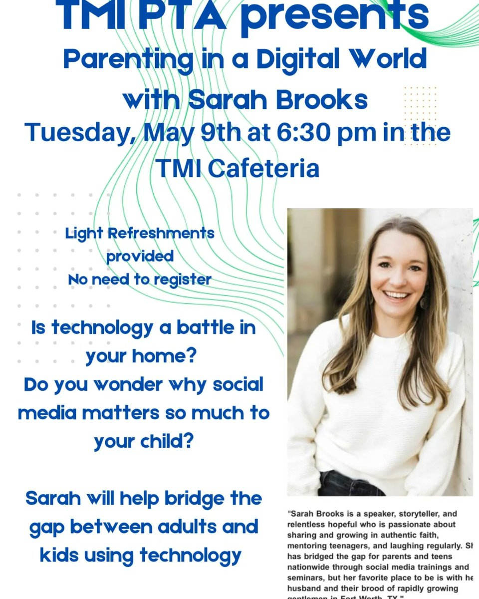 Mustang parents! Tonight is the night! Come see Sarah Brooks and listen to her discussion on parenting in a digital world. 
Sarah is an amazing speaker and offers wonderful insights regarding the relationship between parents and their children. Light refreshments will be offered.