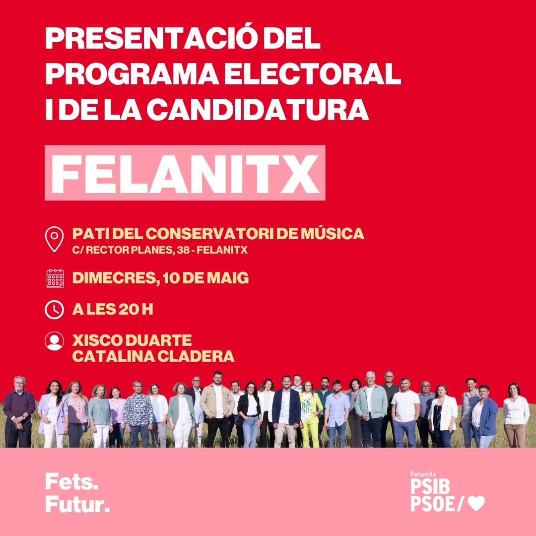 Felanitxpsoe's tweet photo. 🌹Això ja és demà!

Vina a conèixer la nostra candidatura!

🗓 10 de maig
🕧 20 h
📍 Pati del conservatori de Felanitx. Carrer del Rector Planes, 38.

Aquí tens la ubicació:
https://t.co/LCYHUbmQfA

En acabar hi haurà una picada i beure 🗣️

T’esperam! https://t.co/fOzINPqqy0
