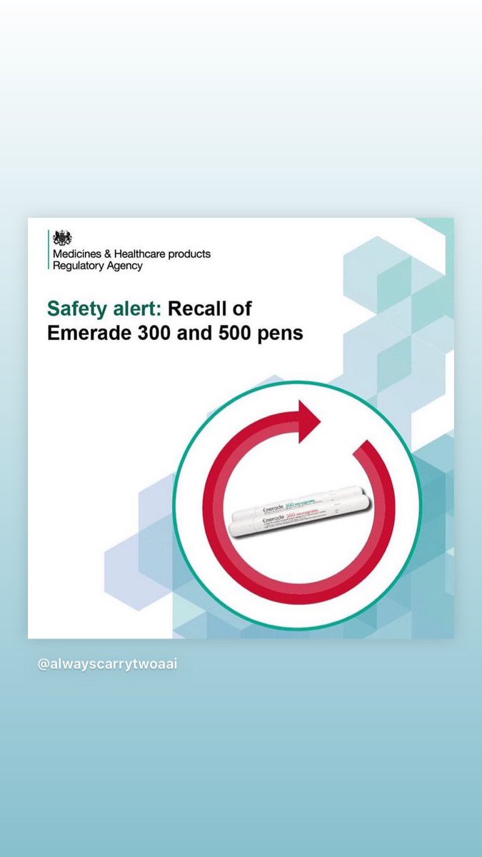 What the actual? Seriously.  Another recall on Emerade Adrenaline Pens
By <a href="/MHRAgovuk/">MHRAgovuk</a> worryingly I read about a recall abroad last week and wrongly assumed it couldn’t be the UK too (again) or surely would have heard at the same time? #anaphylaxis #allergy #recall