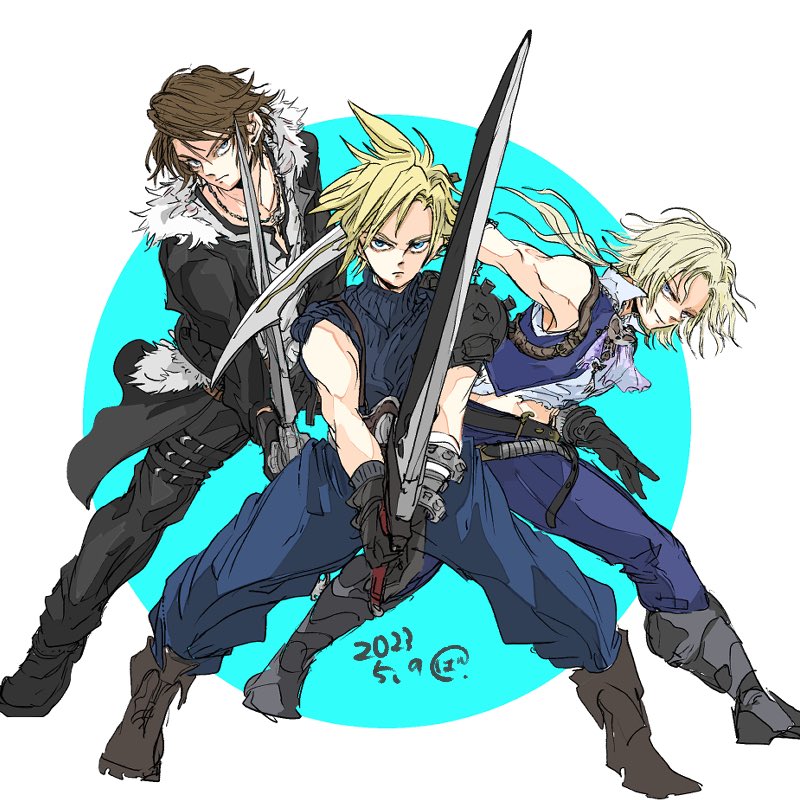 cloud strife blue pants parted bangs blonde hair shirt pants weapon holding weapon  illustration images