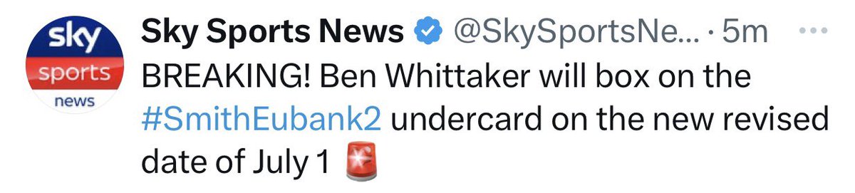🥊 AS PREVIOUSLY REPORTED!✅

@SkySportsBoxing have ANNOUNCED @LiamBeefySmith vs @ChrisEubankJr has been OFFICIALLY pushed back to July 1‼️

Full undercard will move to July 1 with @BenGWhittaker to feature!💥

#SmithEubankJr2