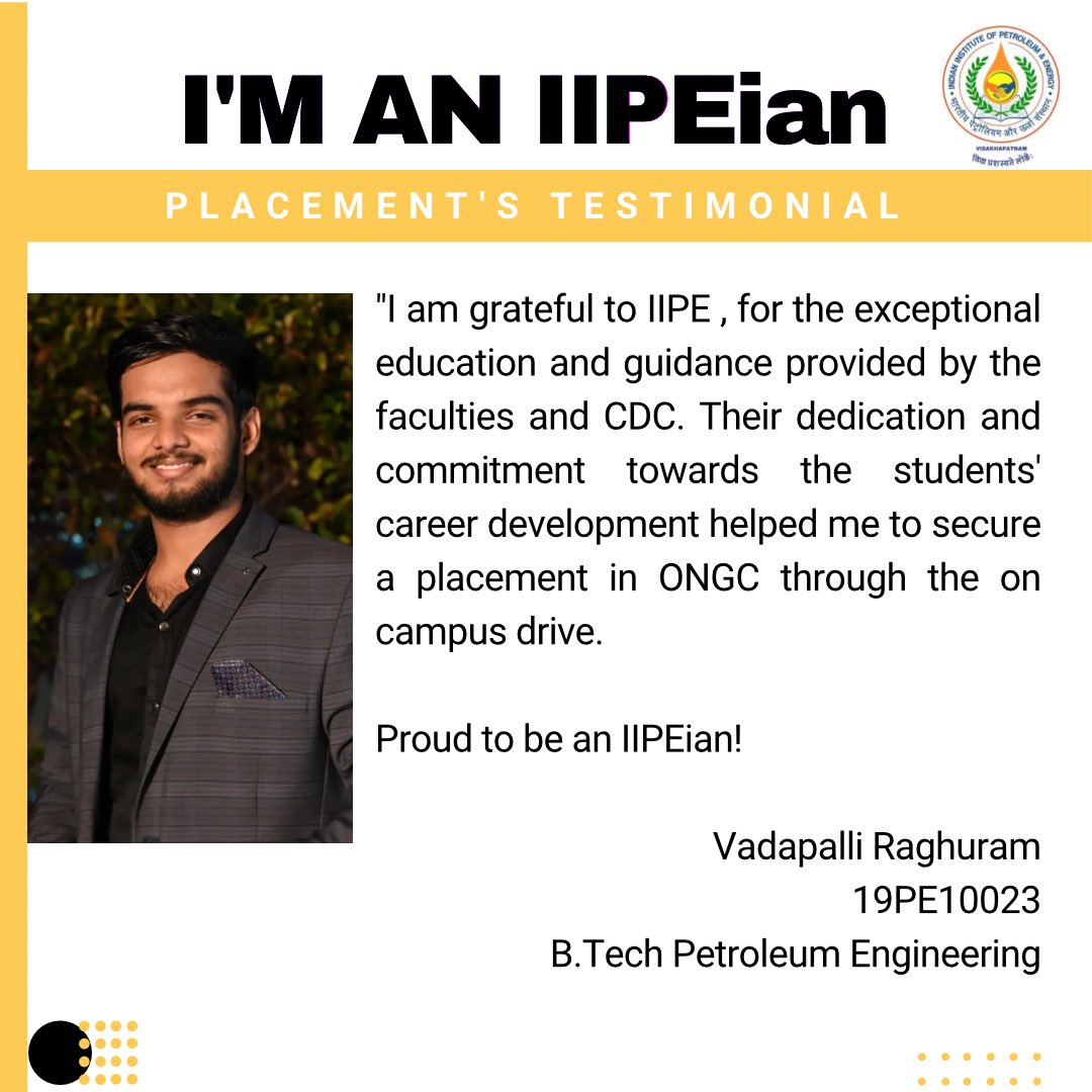 IIPE_vizag's tweet photo. 2023 Batch Placement’s Testimonial.
#iipe #iipeplacements #mopng #mnre #iit #iitjeeadvanced #2023campusplacements #pmo #oilandgas #chemicalindustry https://t.co/NYbAMncS3d