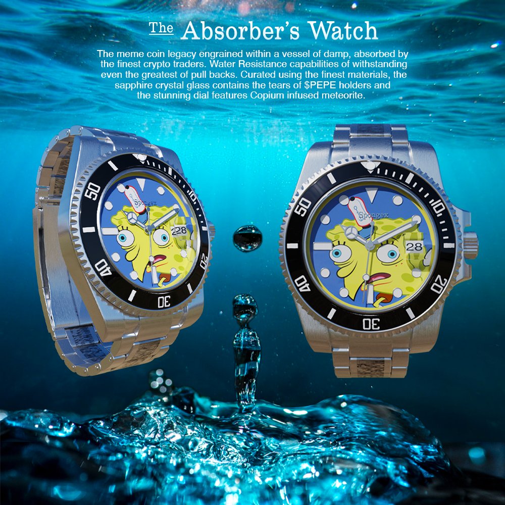 spongeoneth's tweet photo. $SPONGE time🧽 The one and only Absorber's Watch⌚

Its sapphire crystal glass contains the tears of $PEPE holders🥹🤣 https://t.co/Xn8VJ3N8qo