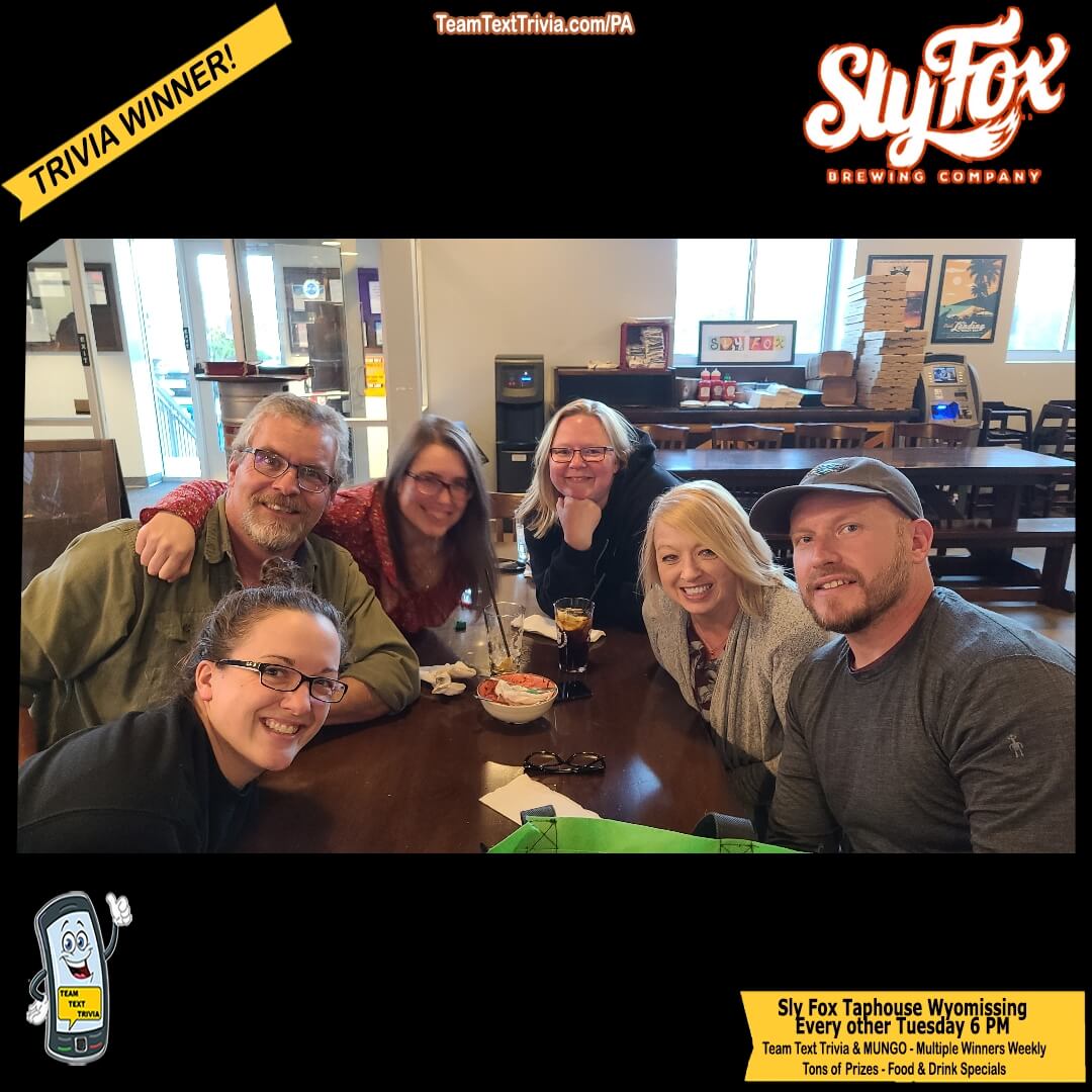 TeamTriviainPA's tweet photo. Team Text Trivia and MUNGO Music Bingo.. at the Sly Fox Taphouse in Wyomissing at 6 PM.   Gift card prizes and also fantastic deals!

Clues for the week – https://t.co/4xIOnSchHF

Join Eric and ourgreat associates to truly have a wonderful time

https://t.co/RJk9HgRp34 https://t.co/NSj55Mgwuu