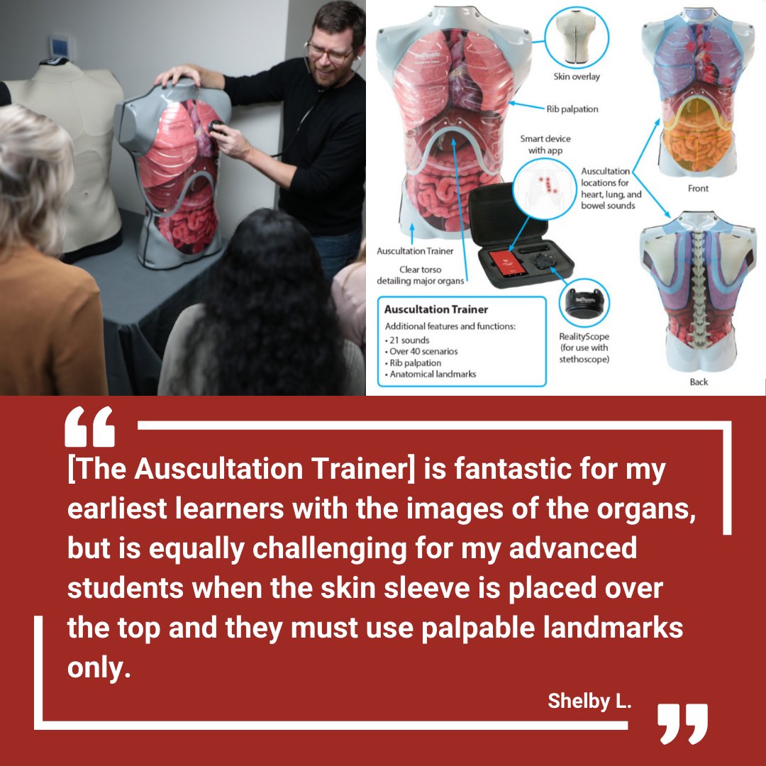 RealityworksInc's tweet image. This award-winning Auscultation Trainer teaches students rib palpation, stethoscope placement and how to accurately recognize heart, lung, and bowel sounds. Teachers and students love the accurate heart, lung and bowel #auscultation sounds. See it here: realityworks.com/product/auscul…
