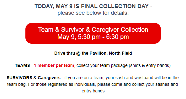 bermudarelay's tweet photo. CALLING ALL REGISTERED TEAM CAPTAINS, SURVIVORS AND CAREGIVERS - Final collection is TODAY, Tuesday, May 9 from 5:30 - 6:30 pm at North Field Pavillion.  Remember, your entry wristband is part of this collection, so please pop by and collect your goodies this evening. https://t.co/rVfmRWGNF5