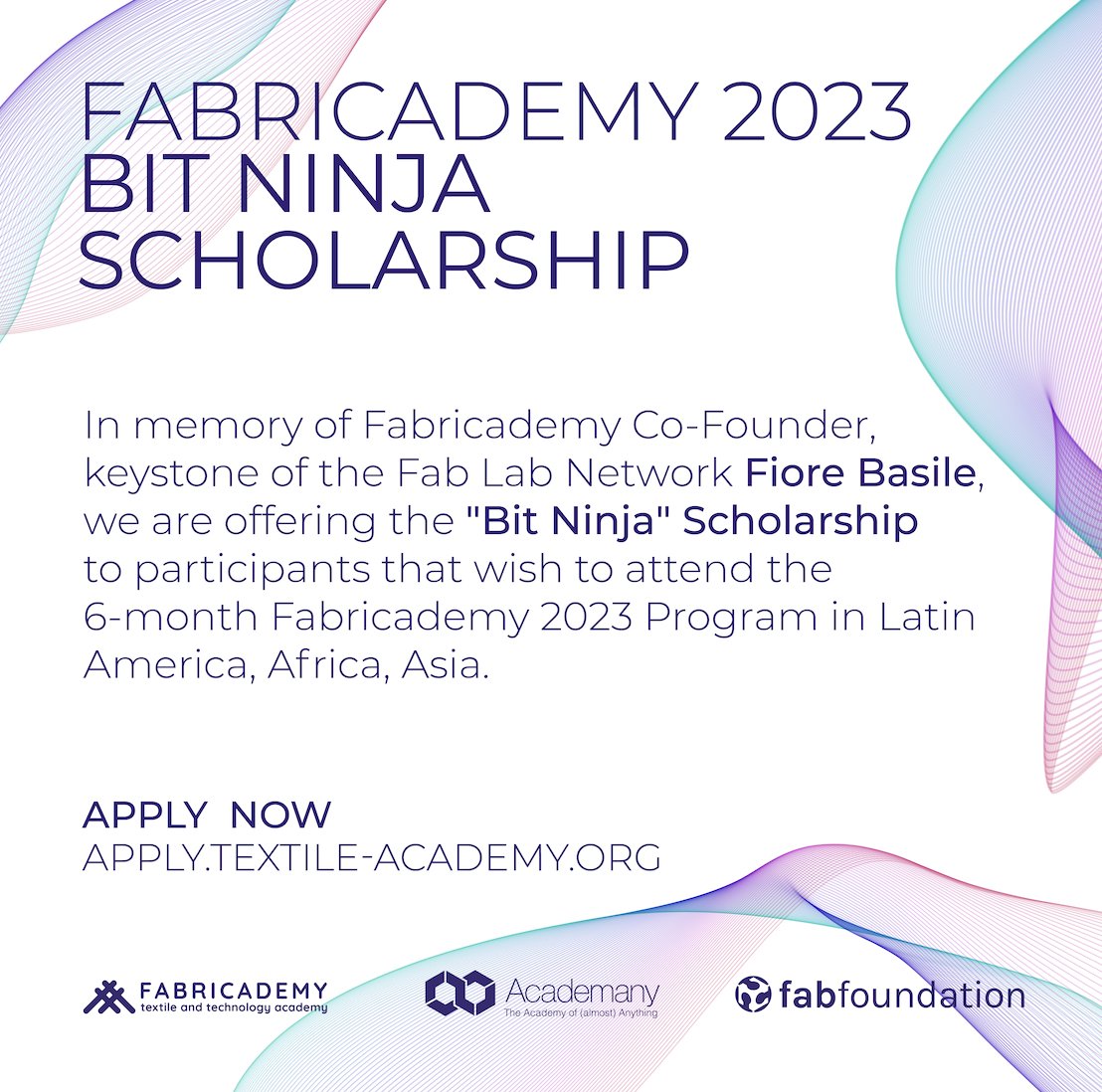 fabricademy's tweet photo. Do not miss this opportunity, apply to win the #Fabricademy 2023 Bit Ninja #Scholarship 👾 for joining our 6 months program this September from Asia, Africa or Latin America! 🌍

> Learn more: https://t.co/ws4OVjeu1B
> Apply at: https://t.co/1HdAjtNTVf https://t.co/mbEQKvdzFk