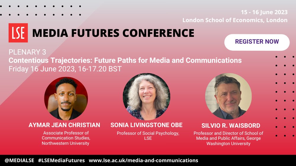 Looking forward to our upcoming 20th anniversary conference #LSEMediaFutures 📅 15-16 June 2023 A fantastic lineup of speakers & great opportunity to meet leading experts & scholars in the field. Access the conference outline & registration here: lse.ac.uk/media-and-comm…