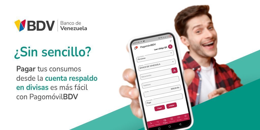 BcodeVenezuela's tweet photo. Con el #BDV es fácil realizar tus operaciones cambiarias 💵

Con la cuenta respaldo en divisas del #BDV puedes pagar el monto exacto de tus consumos utilizando tu #PagomóvilBDV 🤳 

✅Descarga nuestra #BDVApp, disponible en ambos sistemas operativos https://t.co/fzC2srXd0l