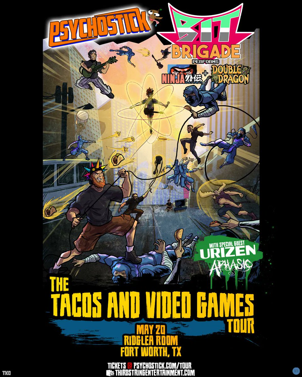 ThirdStringEnt's tweet photo. Get ready for an epic night of tacos, video games, and metal music! @psychostick and 
@bit_brigade are joining forces with @URIZENonline to bring you The Tacos and Video Game Tour at Ridglea Room on May 20th!

🎟 - https://t.co/SrtsCuD04l https://t.co/wqpUloUGq9