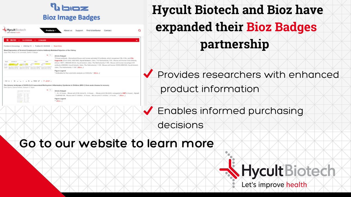HycultBiotech's tweet image. @HycultBiotech and @Bioz_inc expand partnership to provide researchers with enhanced product information for informed purchasing decisions. Read full press release &amp;gt;&amp;gt; ow.ly/aQ5L50OgFgX
#researchreagents #scientificvalidation #biozbadges