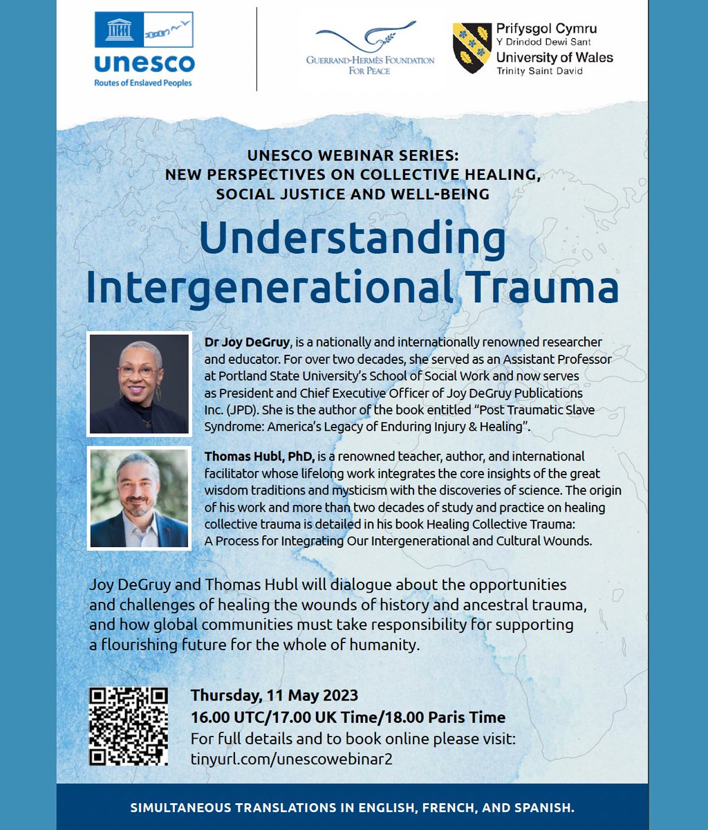 I am pleased to be a contributor to the UNESCO Collective Healing Initiative. 

Please join Dr. Thomas Hubl and me on Thursday, May 11 at 9:00 am PDT/12:00 pm EDT. Our conversation will explore intergenerational trauma. 

Register at tinyurl.com/unescowebinar2
