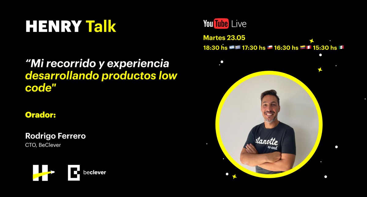 No te pierdas a Rodrigo Ferrero, CTO de Beclever, hablar sobre su experiencia desarrollando productos low code. 

¿Cuándo? 
📆Martes 23 de mayo 
⏰18.30hs Argentina
📲 bit.ly/3nP0mOP

#HenryTalk #lowcode #solucionestecnológicas