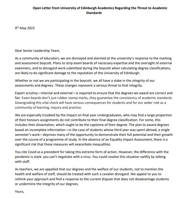 I am one of 479 staff members
@edinburghuni
to sign an open letter in protest at the university’s response to the marking and assessment boycott. These proposals threaten to undermine the integrity of our degrees. Our students deserve better.